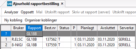 Skjermbilde av ajourhold rapportbestilling.