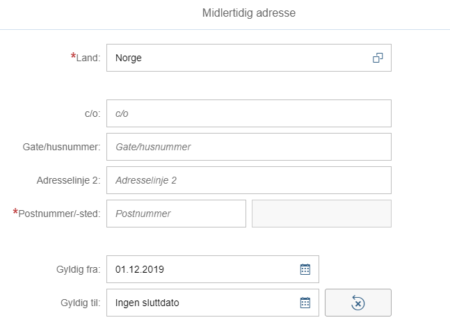 Skjermbilde av tilgjengelige felter ved registrering av ny adresse