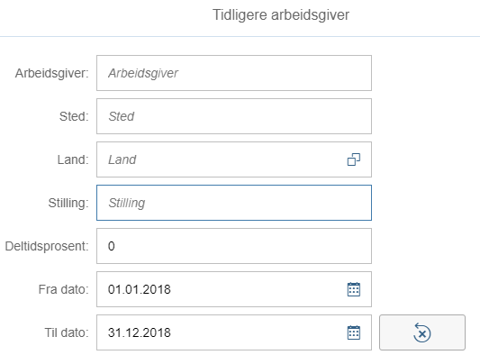 Skjermbilde av tilgjengelige felter ved registrering av tidligere arbeidsgiver