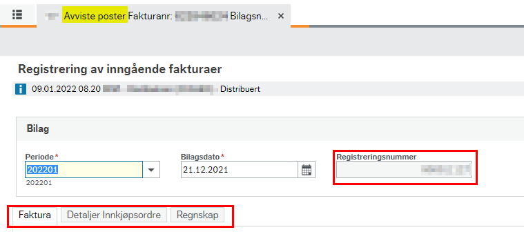 Bildet viser en oppgave i avviste poster og de ulike flikene som faktura og regnskap