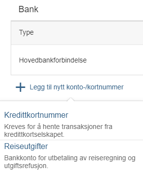 Skjermbilde av tilgjengelige alternativer under "Bank" i selvbetjeningsportalen