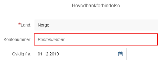 Skjermbilde av tilgjengelige felter ved endring av "Hovedbankforbindelse"