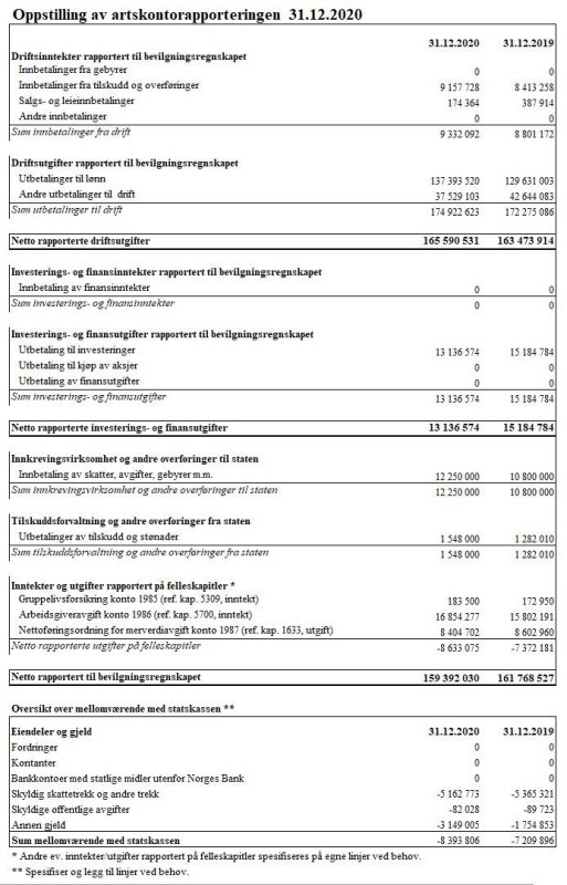 Skjermbilde av dokument og tabell av "Oppstilling av artskontorapporteringen 31.12.2020".