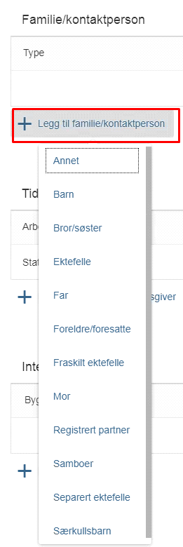 Skjermbilde av tilgjengelige valg i nedtrekksmeny for "Legg til familie/kontaktperson"