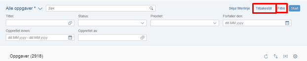 Bildet viser knappene filter og tilbakestill 