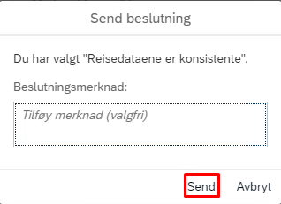 Skjermbilde av merknadsfelt ved godkjenning av reiseregning og utgiftsrefusjon.