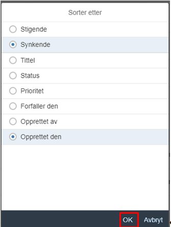 bildet viser sorteringsmuligheter