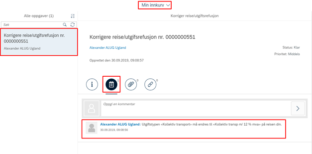 bilde som viser oppgave til behandling i min innkurv