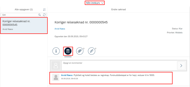 bildet viser tilbakemelding/kommentar på oppgave