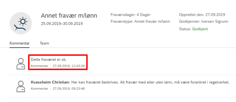 Bildet viser merknad i Oppgave med status