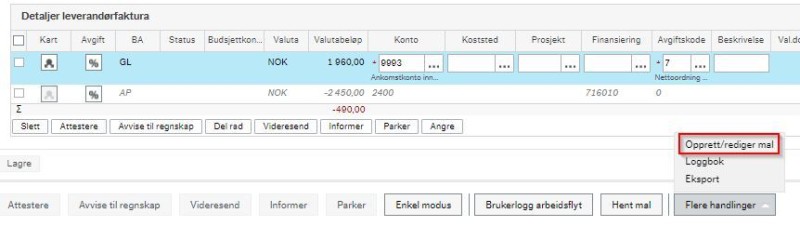 I handlingsalternativene nederst ligger Flere handlinger, herfra finner du Opprett/rediger mal.