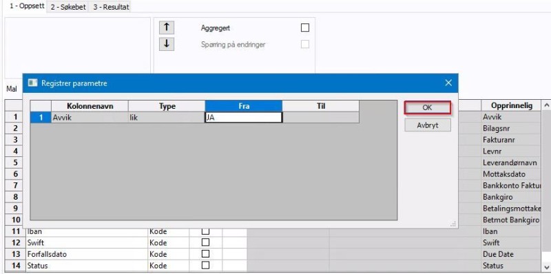 Skjermbilde av system kontroll for remittering parameter med en rød firkant rundt "OK". 