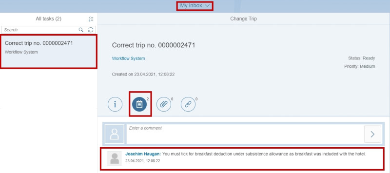 image showing travel expense claim in my inbox