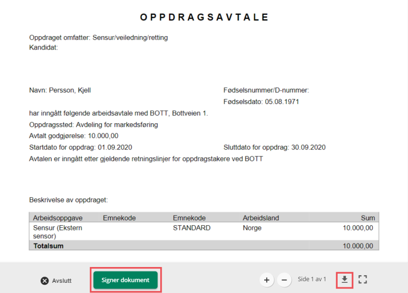 Skjermbildet viser oppsummering av oppdragsavtale.