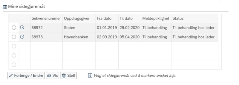 bilde viser liste over sidegjøremål i selvbetjeningsportalen.