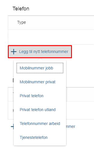 Skjermbilde av tilgjengelige valg i nedtrekksmeny for "Legg til nytt telefonnummer"