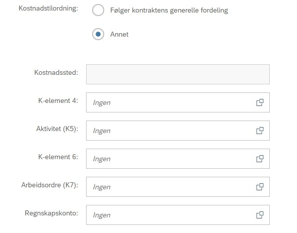 Skjermbildet viser feltene for kostnadstilordning.