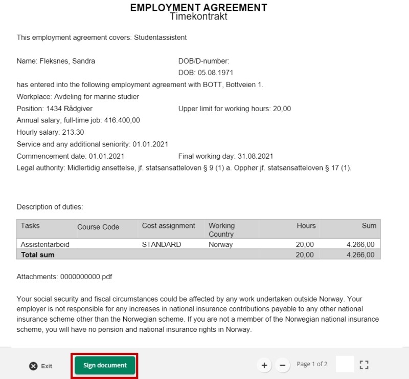 The picture shows a summary of the contract.