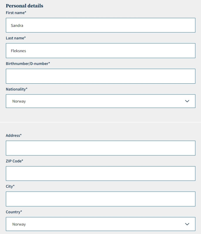 The picture shows input fields for personal details when signing a contract..