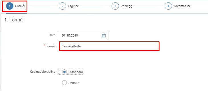 Skjermbilde av eksempel på utgiftsrefusjon. 