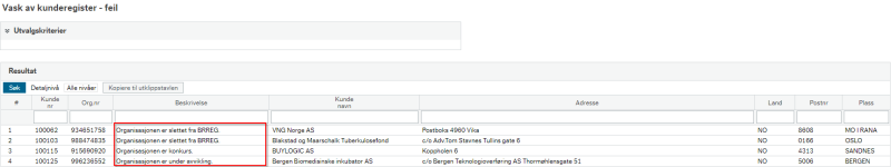 Skjermbilde av "Vask av kunderegister - feil" med en rød firkant omkring informasjonen under "Beskrivelse".