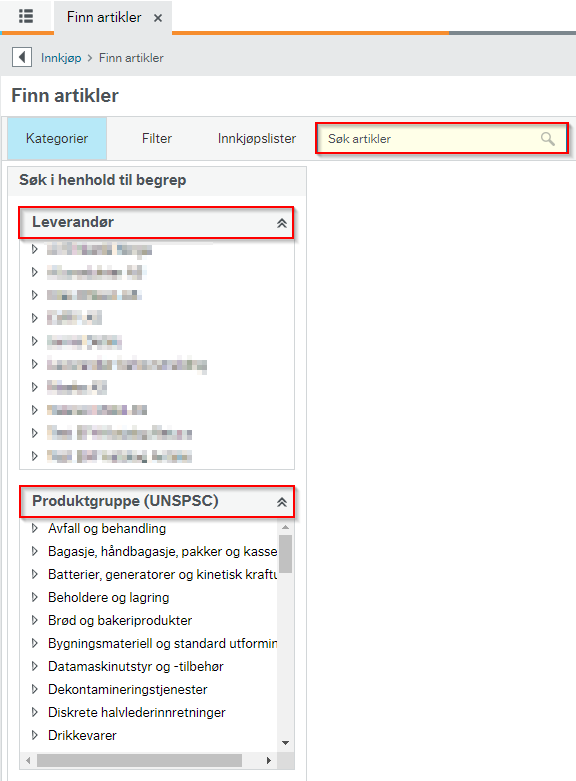 Skjermbilde av meny om finn artikkel.
