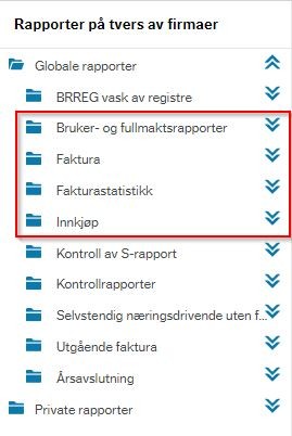 Skjermbildet viser hvilke mapper under menypunkt Rapporter hvor du finner rapportene.