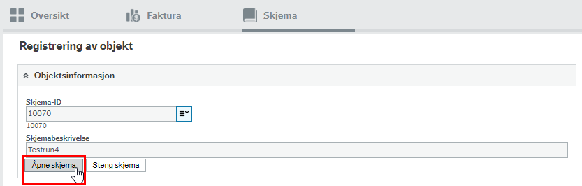 Skjermbilde av registrering av objekt med utheving av "åpne skjema". 