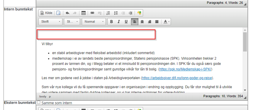 Skjermbildet viser intern bunntekst. Legg inn en linje med luft.