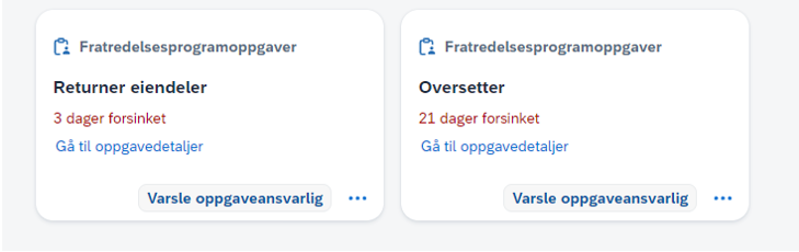 Skjermbilde av visningen for fliser på startsiden i fratredelsesprogram i DFØ HR