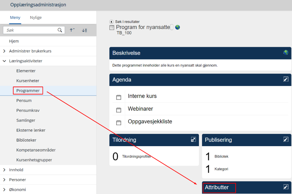 Skjermbilde av visningen for programmer under opplæringsadministrasjon i DFØ HR