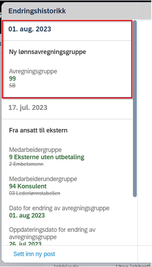 Skjermbilde fra DFØ HR, endringshistorikk