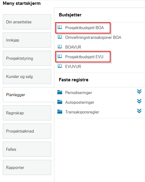 Skjermbilde av system for planlegger i budsjett. 