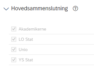 Listen over hovedsammenslutningene er automatisk valgt i fanen Fagforeninger