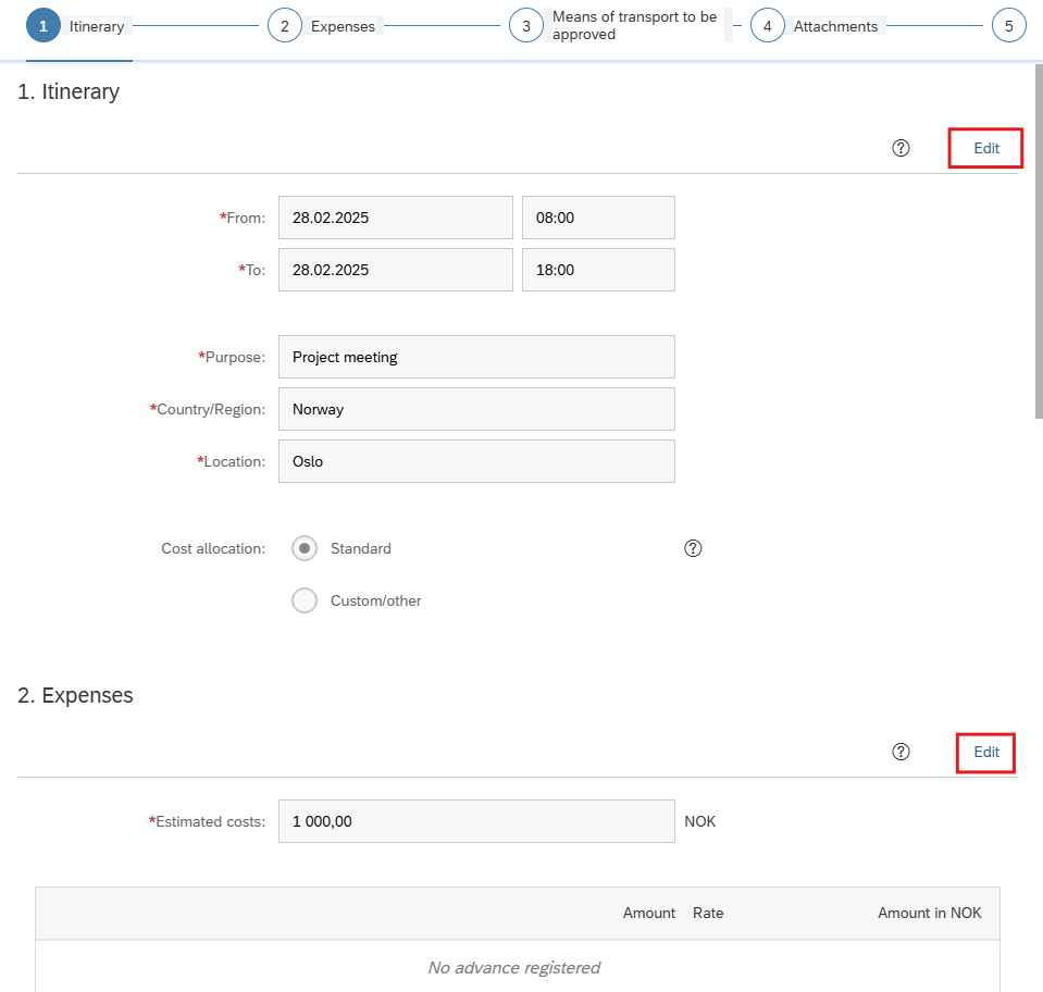 Image showing selceted travel and edit buttons.