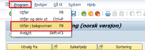 Skjermbilde av menyvalget "Program", "Utfør i bakgrunnen" i SAP.