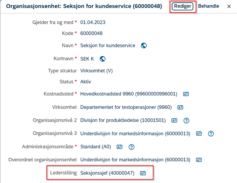 Skjermbilde med uthevet for redigere organisasjonsenhet.
