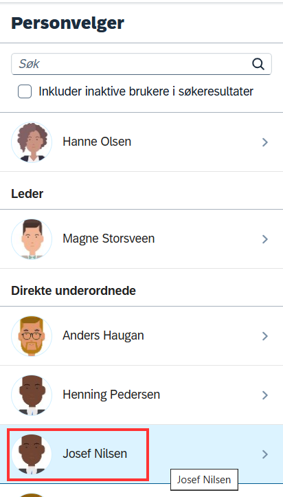 Skjermbilde som viser personvelger for å velge målplanen til en medarbeider i DFØ-HR