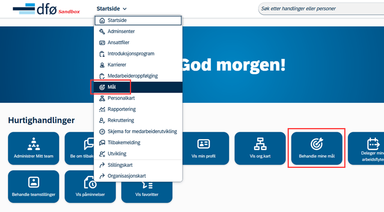 skjermbilde som viser hovedsiden i DFØ-HR med markering for valg at målfunksjonen