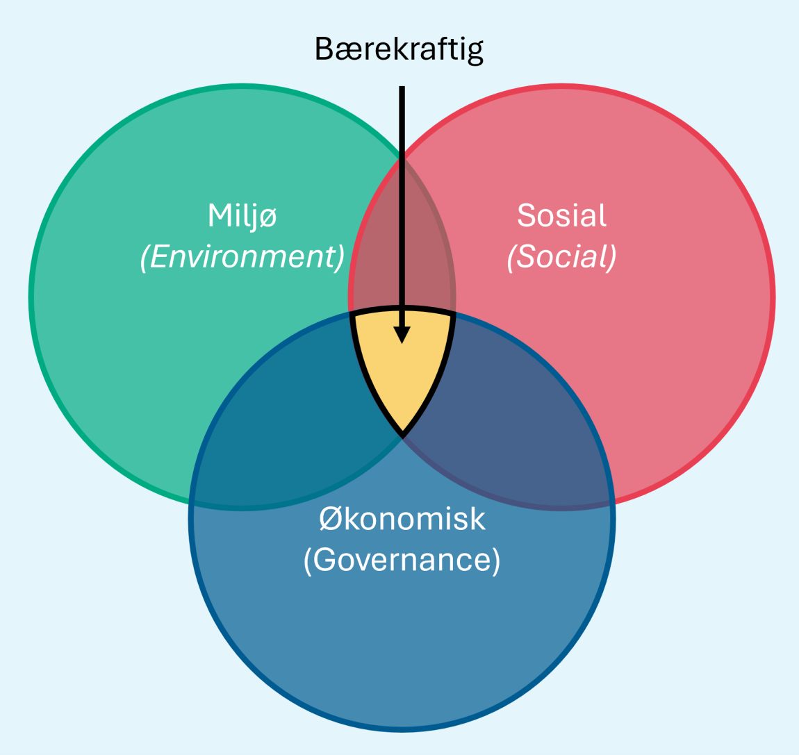 Tre dimensjoner for bærekraft. Bærekraft handler om å ivareta miljøet, fremme sosial rettferdighet og sikre økonomisk levedyktighet