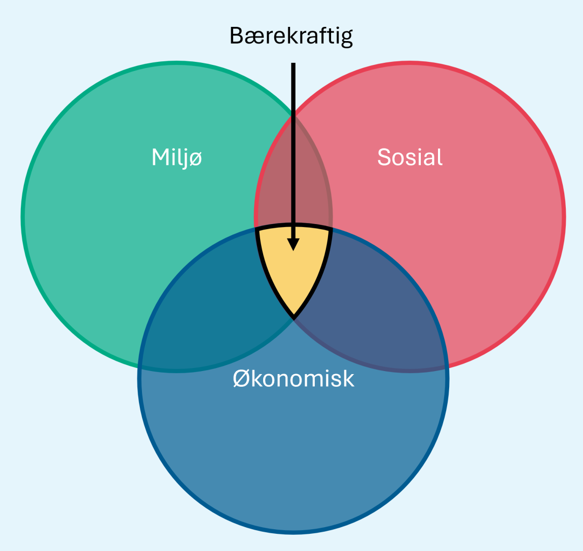Tre dimensjoner for bærekraft. Bærekraft handler om å ivareta miljøet, fremme sosial rettferdighet og sikre økonomisk levedyktighet