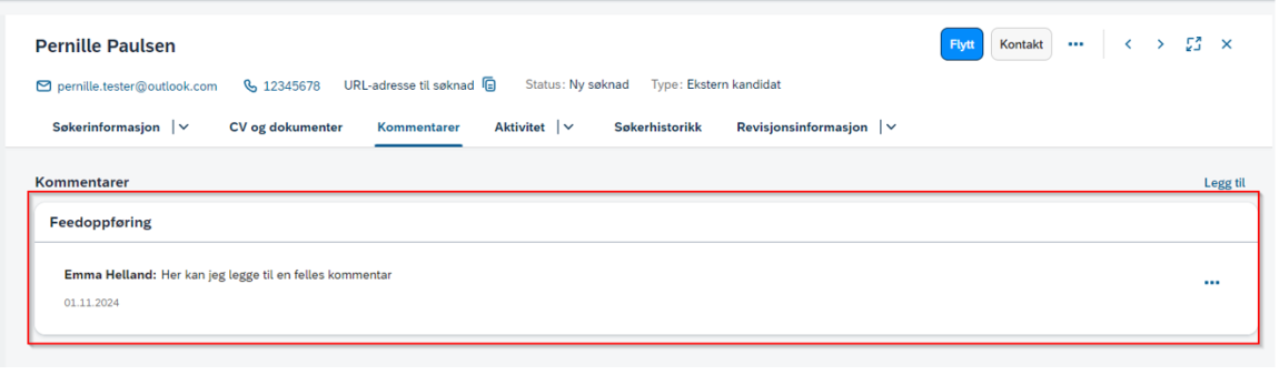 Bildet som viser hvordan kommentaren vises på kandidatprofil 