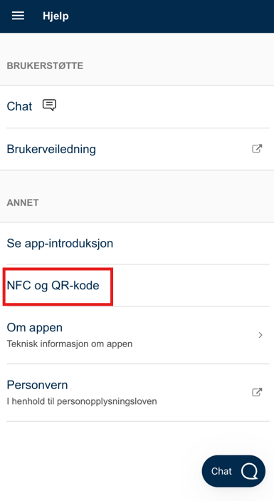 Bildet viser valget NFC og QR-kode under Hjelp