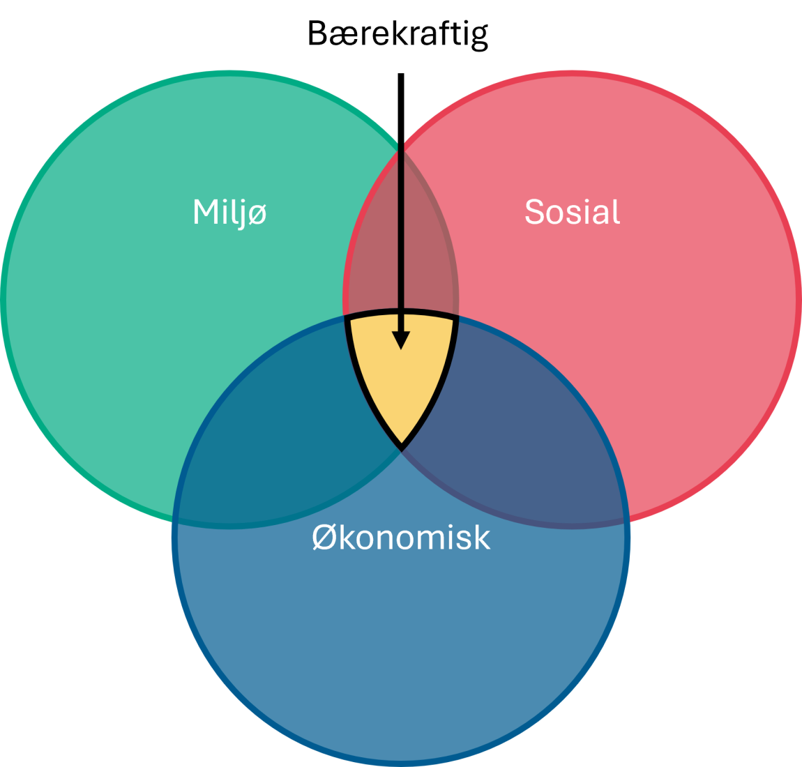 Modell over hvordan de økonomiske, miljømessige og sosiale dimensjonene i bærekraft.