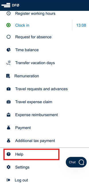 Image showing help option in the main menu of the app