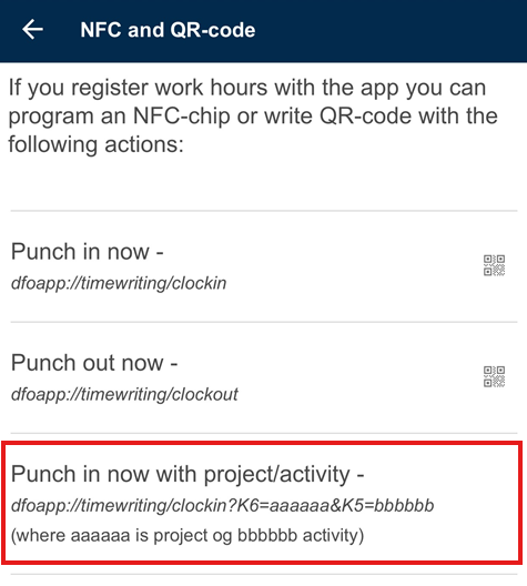 Image showing where to click when punching in with a project or an activity.
