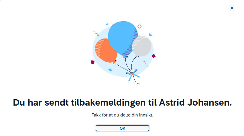 skjermbildet som viser fullført sending av tilbakemelding 