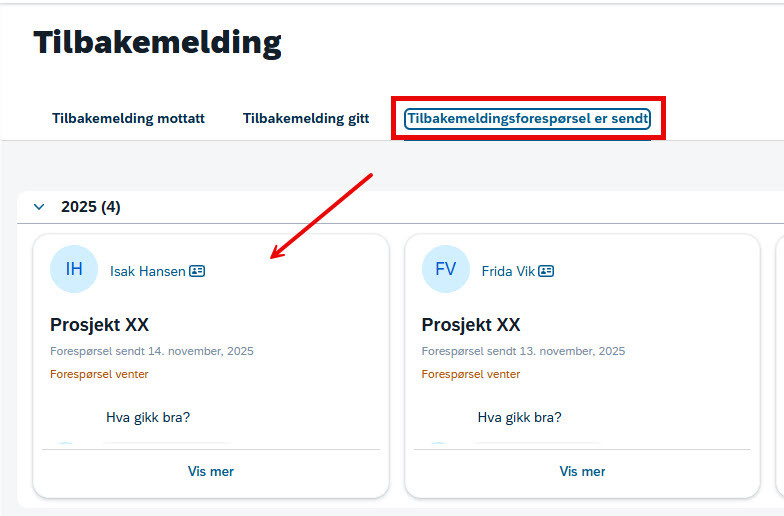Skjermbilde fra DFØ HR Medarbeiderutvikling, tilbakemelding, be om tilbakemelding, forespørsler sendt