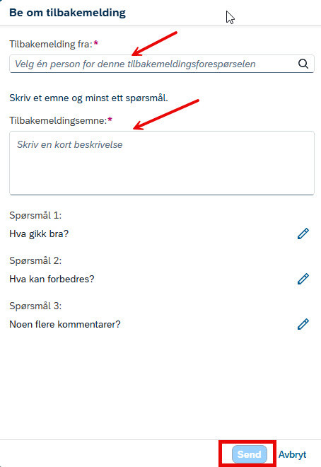 Skjermbilde fra DFØ HR Medarbeiderutvikling, tilbakemelding, be om tilbakemelding, emne og spørsmål