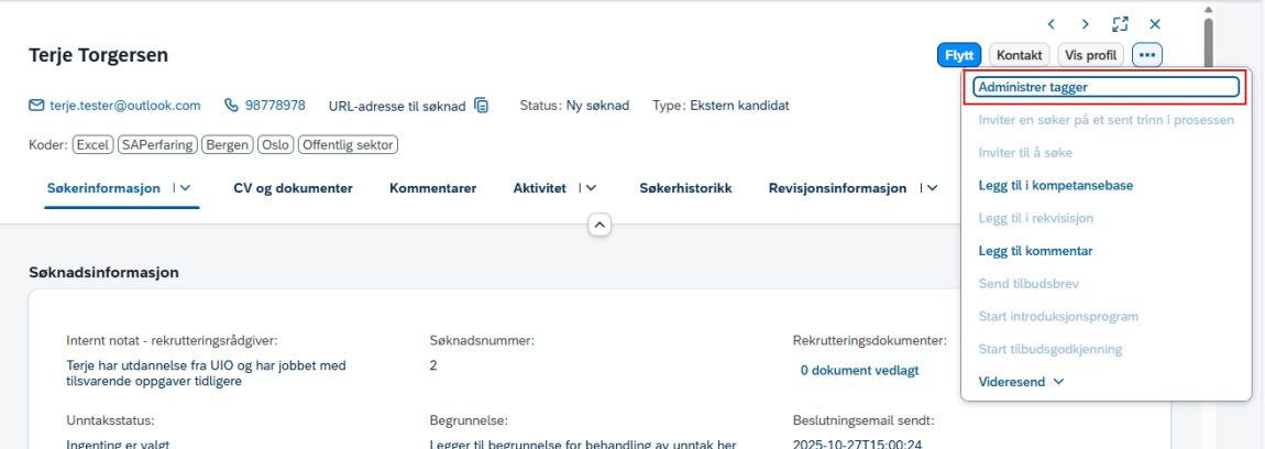 Bilde som viser hvor rekrutterer klikker for å legge til Tagg
